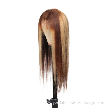 Wholesale Price Raw Virgin Unprocessed High Density Piano Color Highlight 4/27 Straight Human Hair HD 4x4 Lace Wigs With Clips